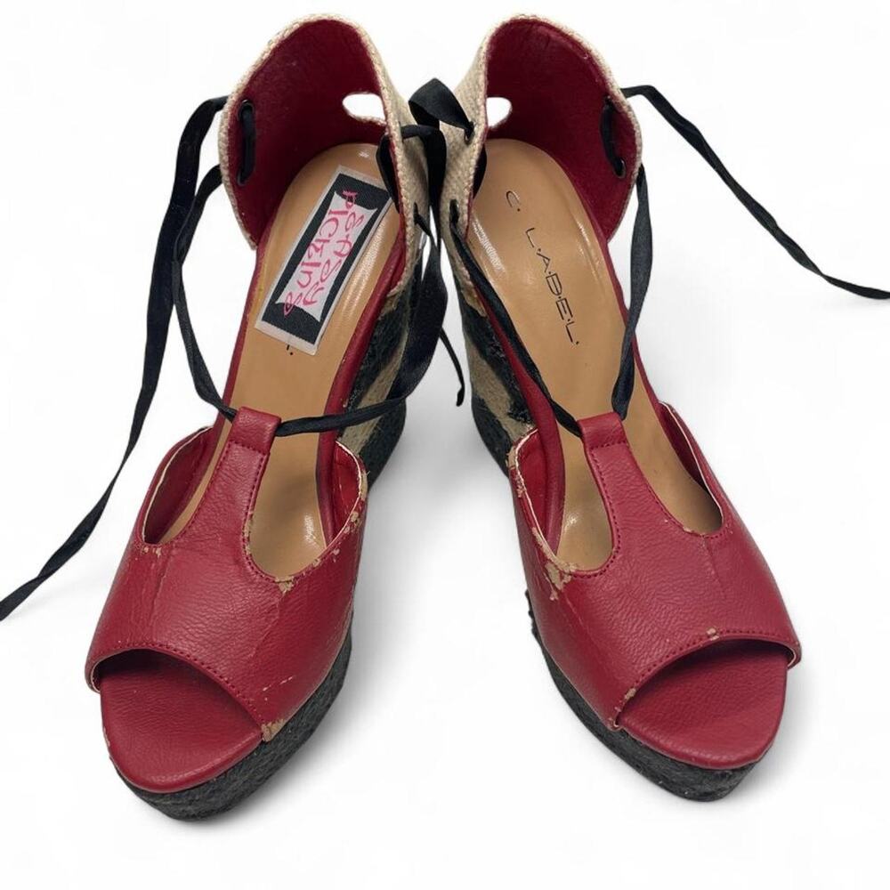 Red leather wedge sandals